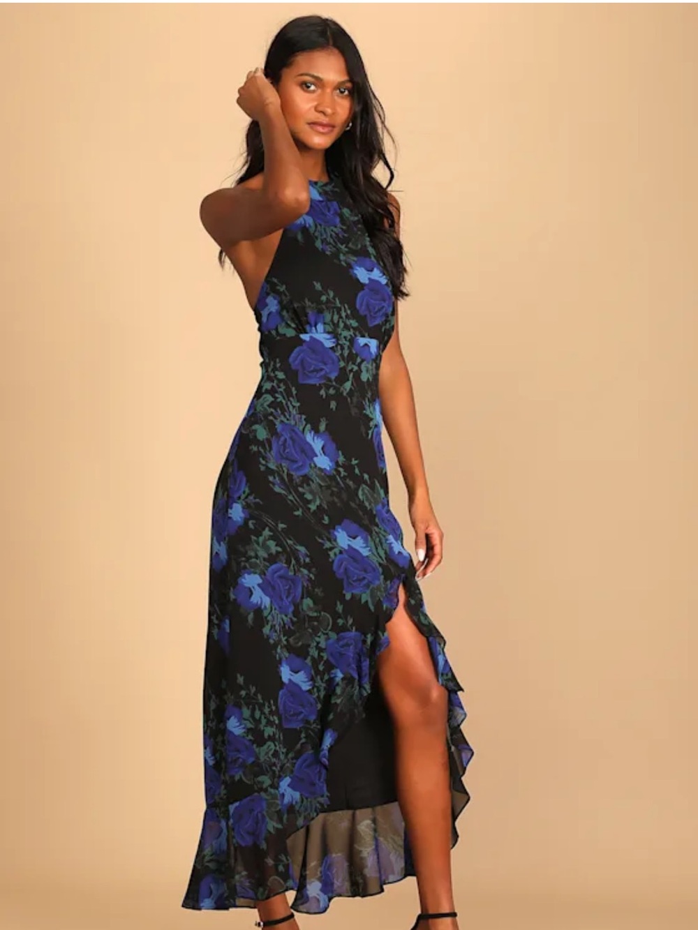 Lulu's Black Maxi High-Low Dress with Royal Blue Floral Print
